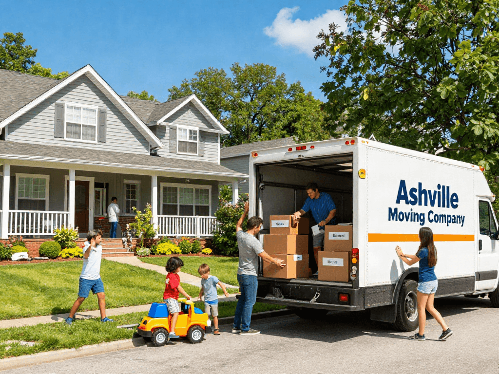Ashville moving company helping a family pack their belongings in a cheerful neighborhood with vibrant greenery.