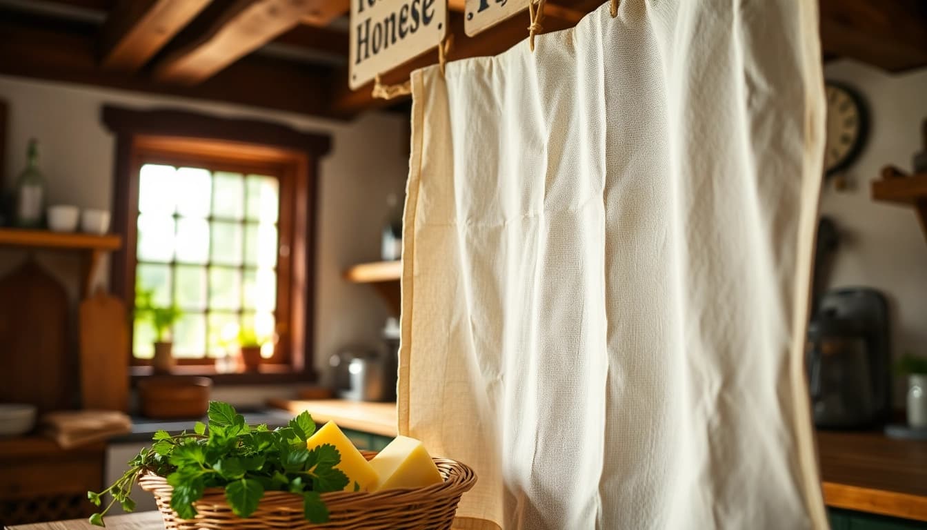 Gebruik kaasdoek om heerlijke kazen te maken in een gezellige keuken met natuurlijke verlichting.