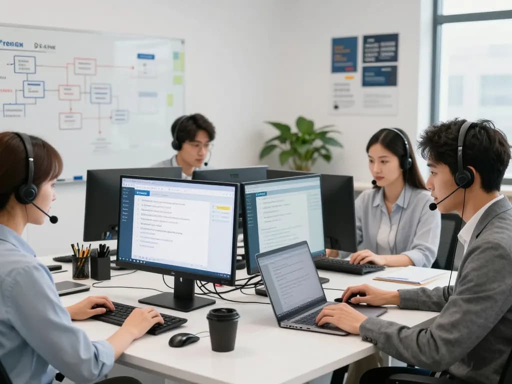 团队在现代办公室使用易翻译电脑版进行多语言客户服务。