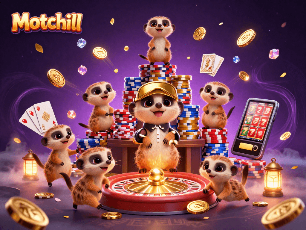 Motchill's meerkat casino scene illustrates card dealers and vibrant game elements bringing excitement.