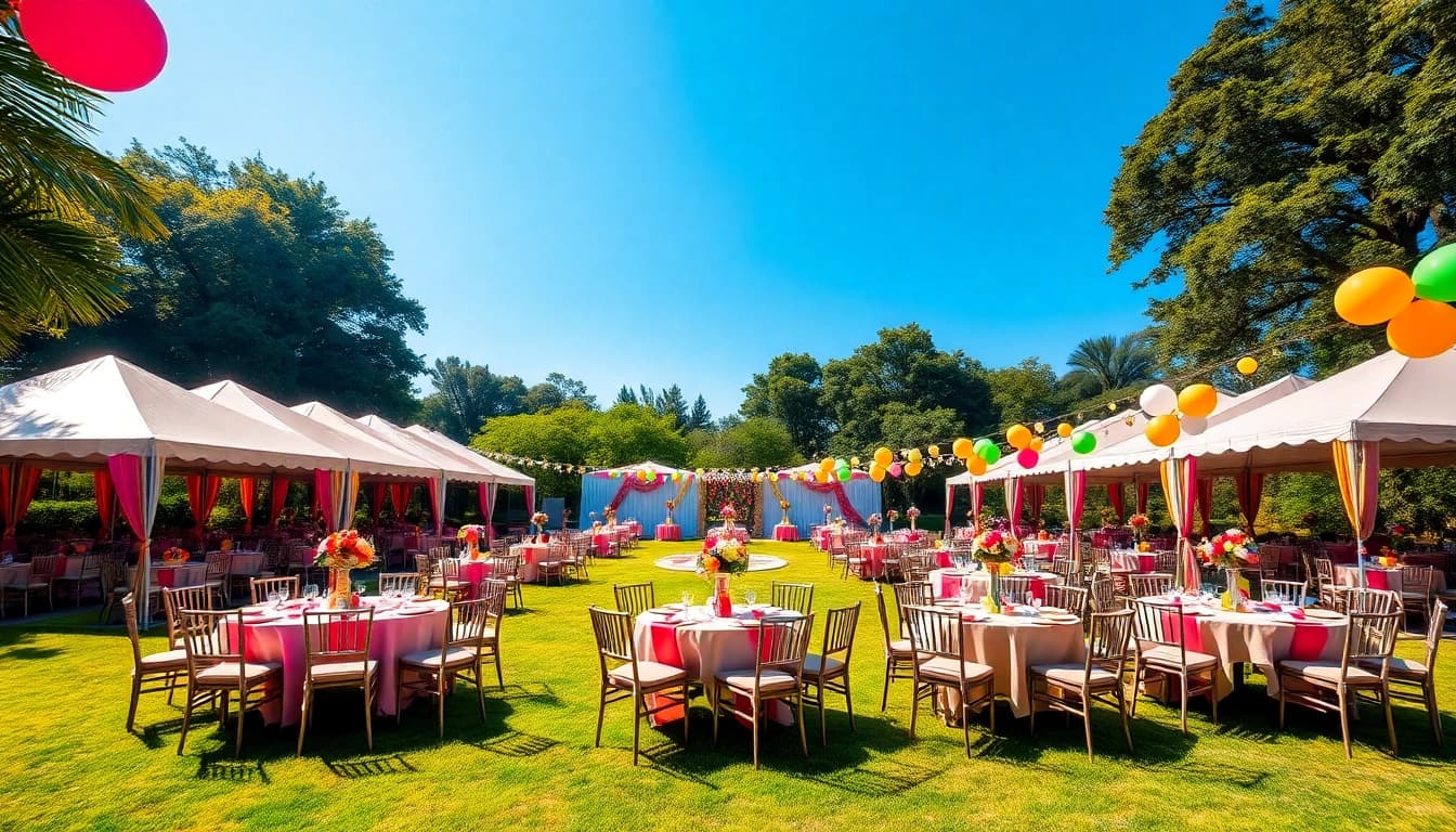 Engaging layout of Party Rentals in a garden setting, showcasing tents and tables for a festive event.