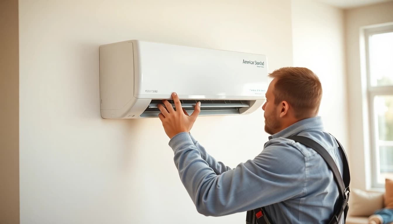 Technician installing an american standard air conditioner in a modern living room.