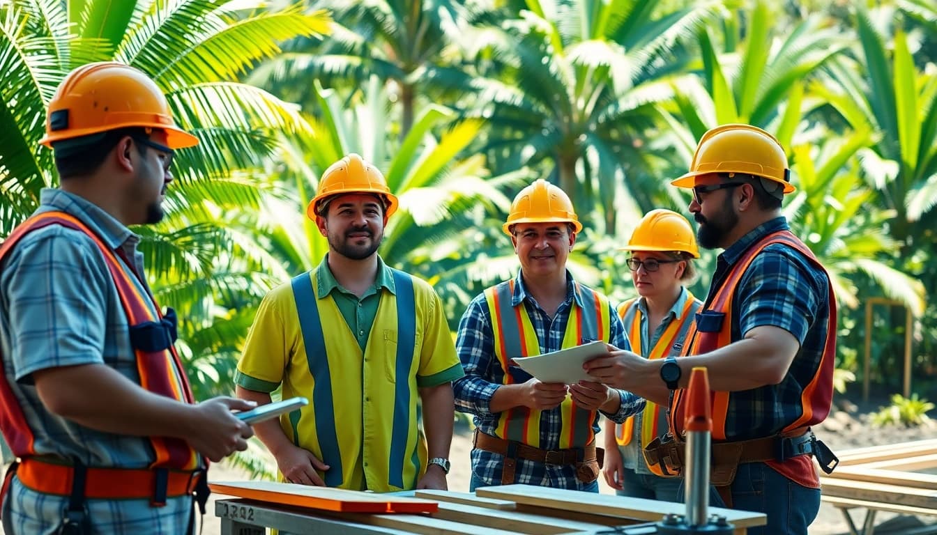 Workers of the Hawaii construction association collaborating on a job site amidst tropical surroundings.