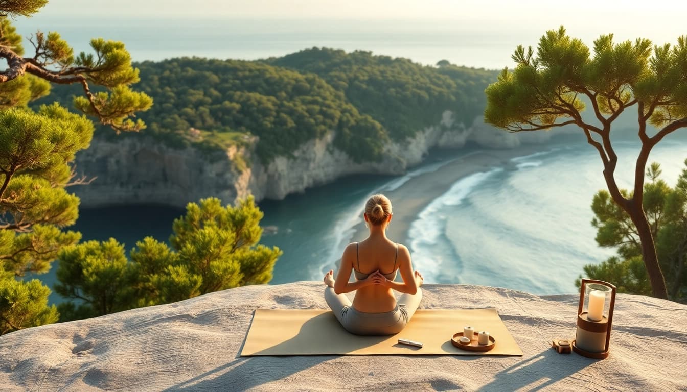 Experience a rejuvenating wellness retreat with meditation on a scenic cliff during sunrise.