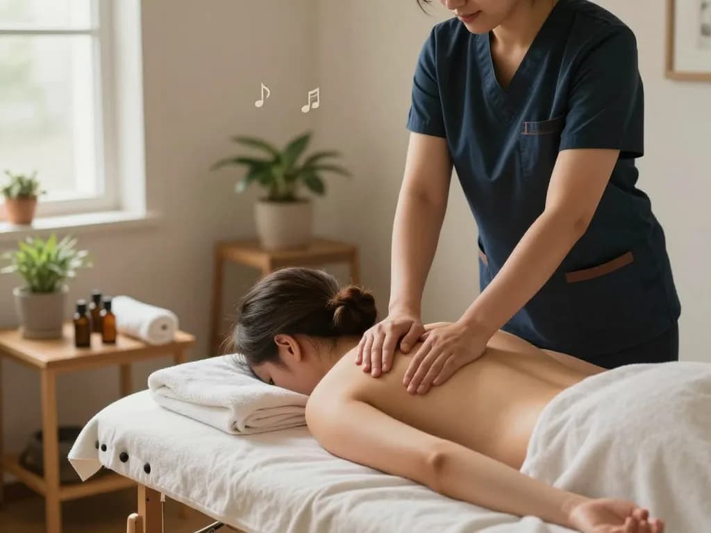 Client receiving premium massage services from maxim-anma.net in a cozy home setting, highlighting relaxation and wellness.