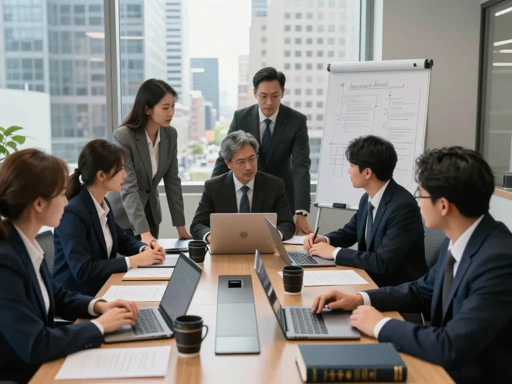 Meetings of legal professionals USA collaborating in a modern office.