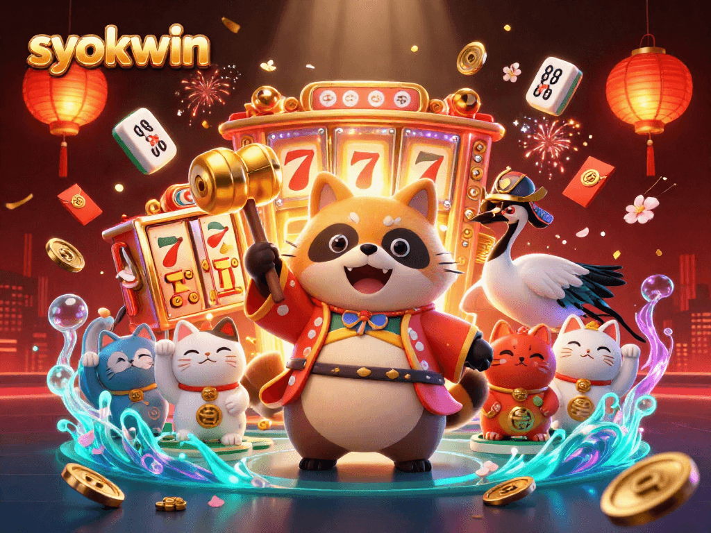 Engage with syokwin's vibrant slots scene featuring cheerful tanuki and lucky symbols.