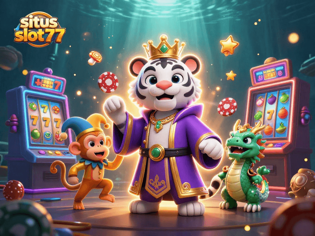 Engage with situs slot777's vibrant casino scene featuring a white tiger, jester monkey, and jade dragon.
