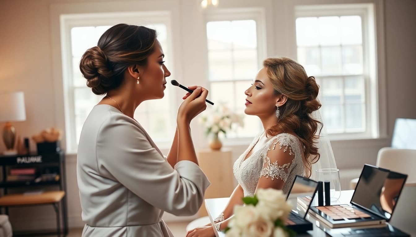 Skilled Philadelphia makeup artist applying makeup for a bride in a beautiful studio.