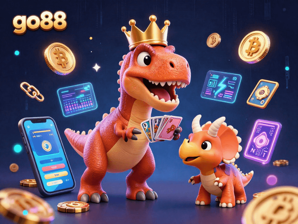 Engage with go88's fun casino games featuring a T-Rex dealing cards alongside playful dino friends.