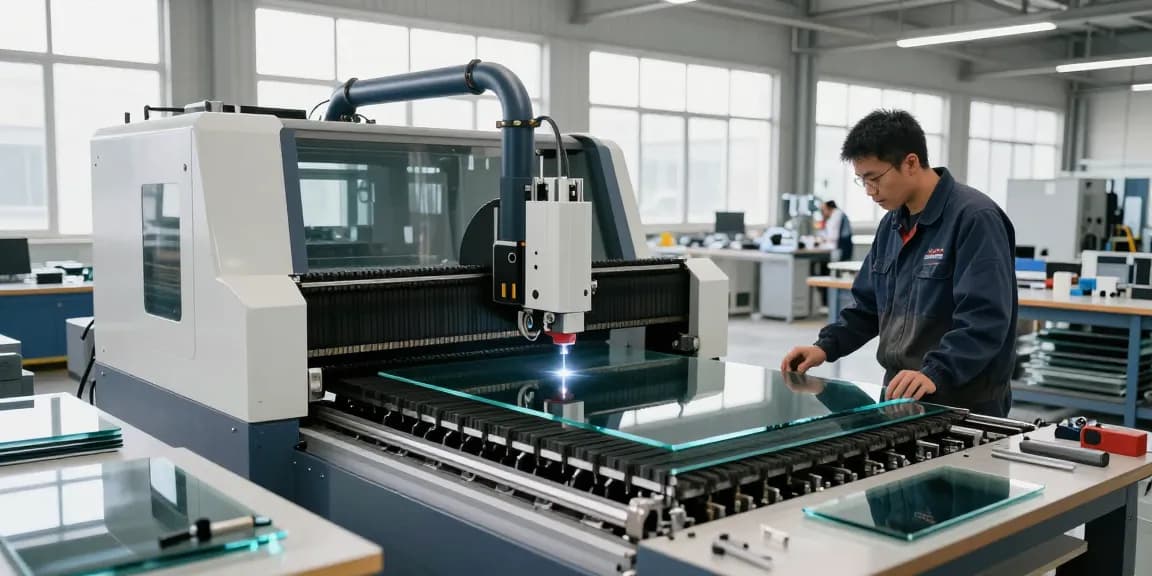 CNC glass cutting machine in operation with technician monitoring precision cuts in industrial workshop.