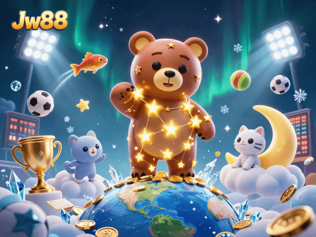 Engage in thrilling Casino moments with Jw88's vibrant 3D illustration showcasing dynamic gaming elements and luck.