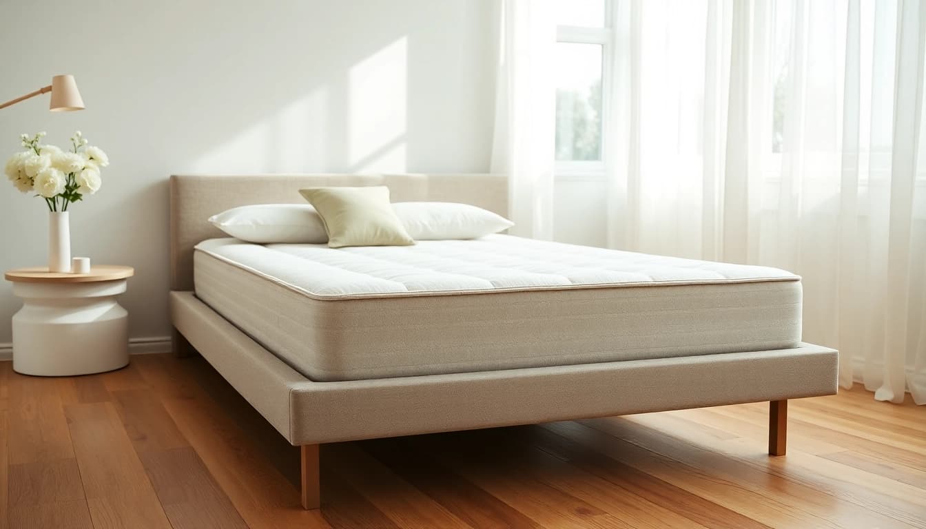 Visualize a low profile mattress box spring elegantly placed in a serene bedroom environment.