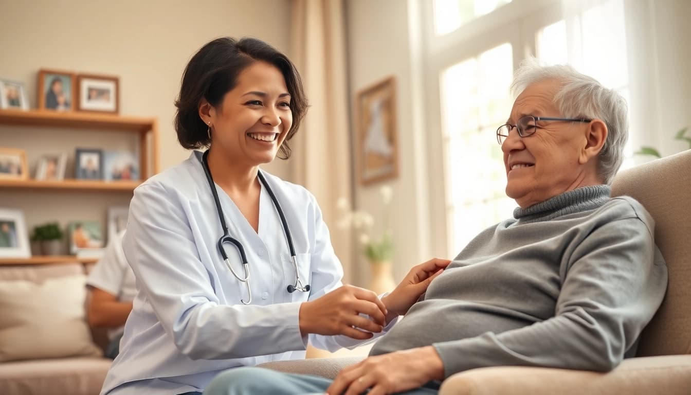 Caring interaction in home respite care showing a caregiver and an elderly individual in a warm environment.