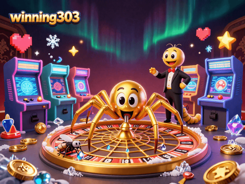 Winning303's animated scene showcasing a golden spider and a centipede croupier in a vibrant casino atmosphere.