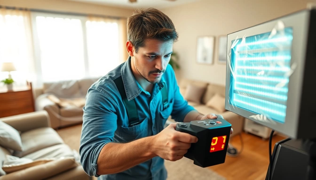 Technician conducting bed bug heat treatment with advanced equipment in a clean living room.