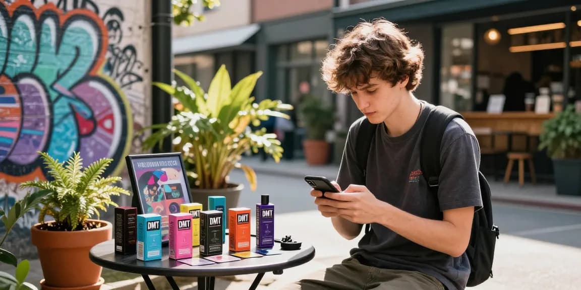 How To Buy Top Quality DMT In The United Kingdom? Young adult exploring stylish DMT carts in vibrant urban street scene.