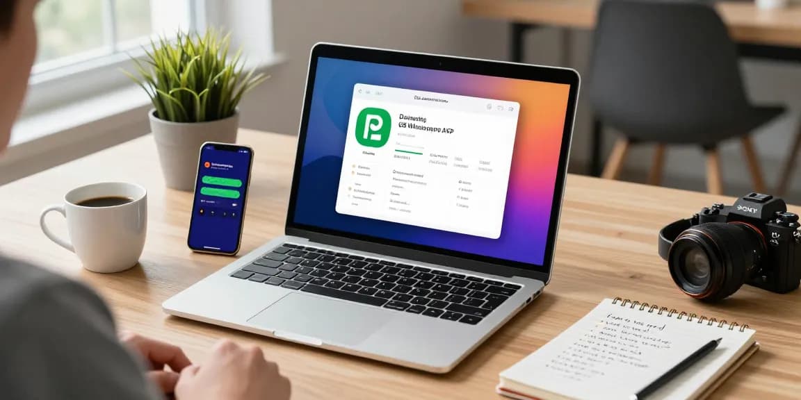 Person downloading GB WhatsApp on laptop in a modern office setting.