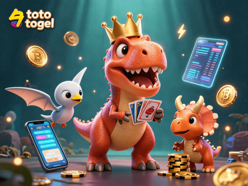 Menangkan toto togel dengan ilustrasi 3D T-Rex yang bermain kartu dan triceratops bertumpuk chip emas.