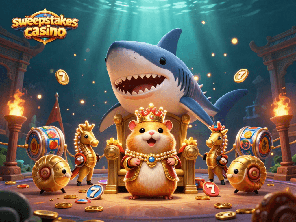 Experience the excitement of a sweepstakes casino with a vibrant underwater scene showcasing a fierce hamster king.