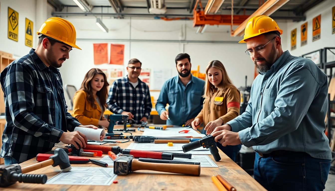 Engaging construction training session with participants learning hands-on skills.