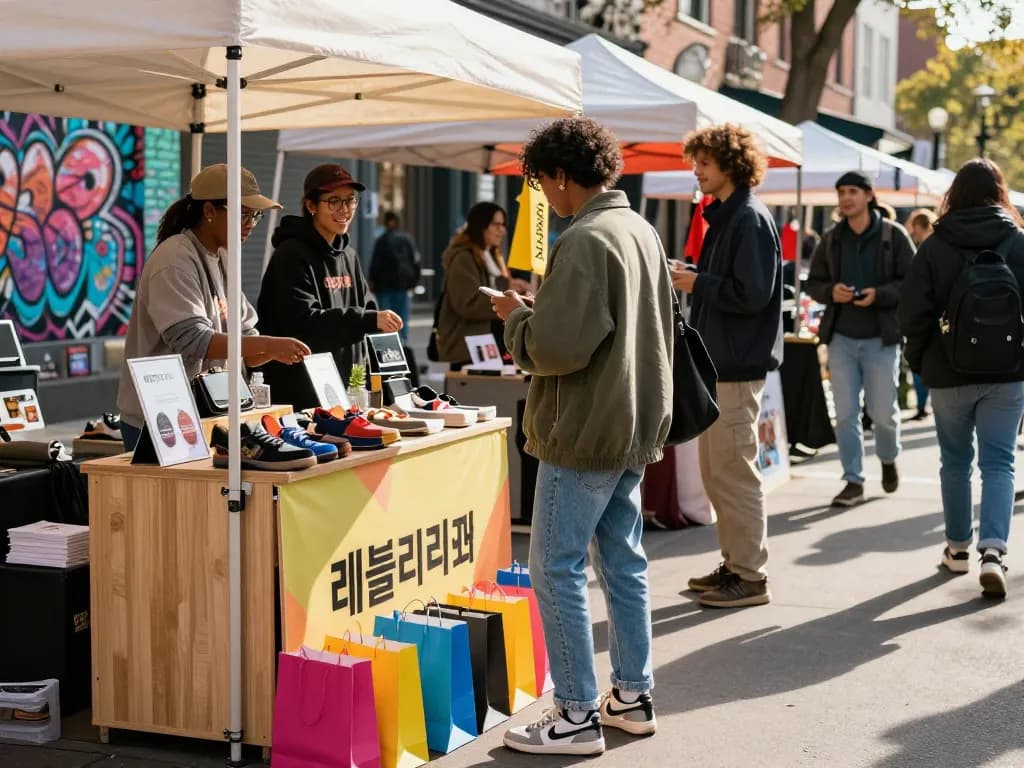 Shopper exploring stylish 레플리카 fashion items in vibrant urban marketplace.