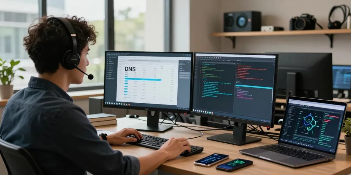 Performing a dns lookup in a modern office setting with dual monitors and network analysis tools