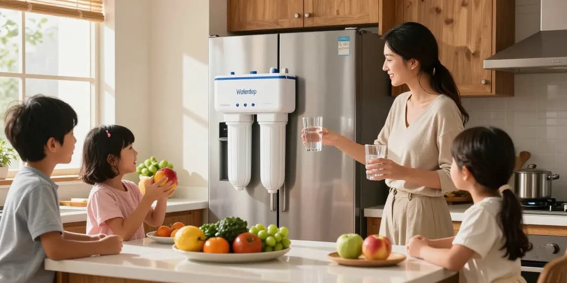 Filtered water flowing from Waterdrop EDR3RXD1 Replacement for Everydrop® Filter 3 in a family kitchen.