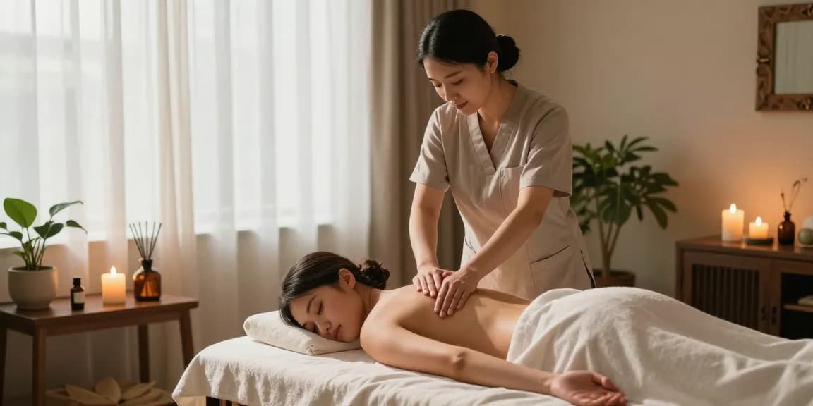Massage therapist performing a soothing массаж in a tranquil spa setting with calming ambiance and natural light.