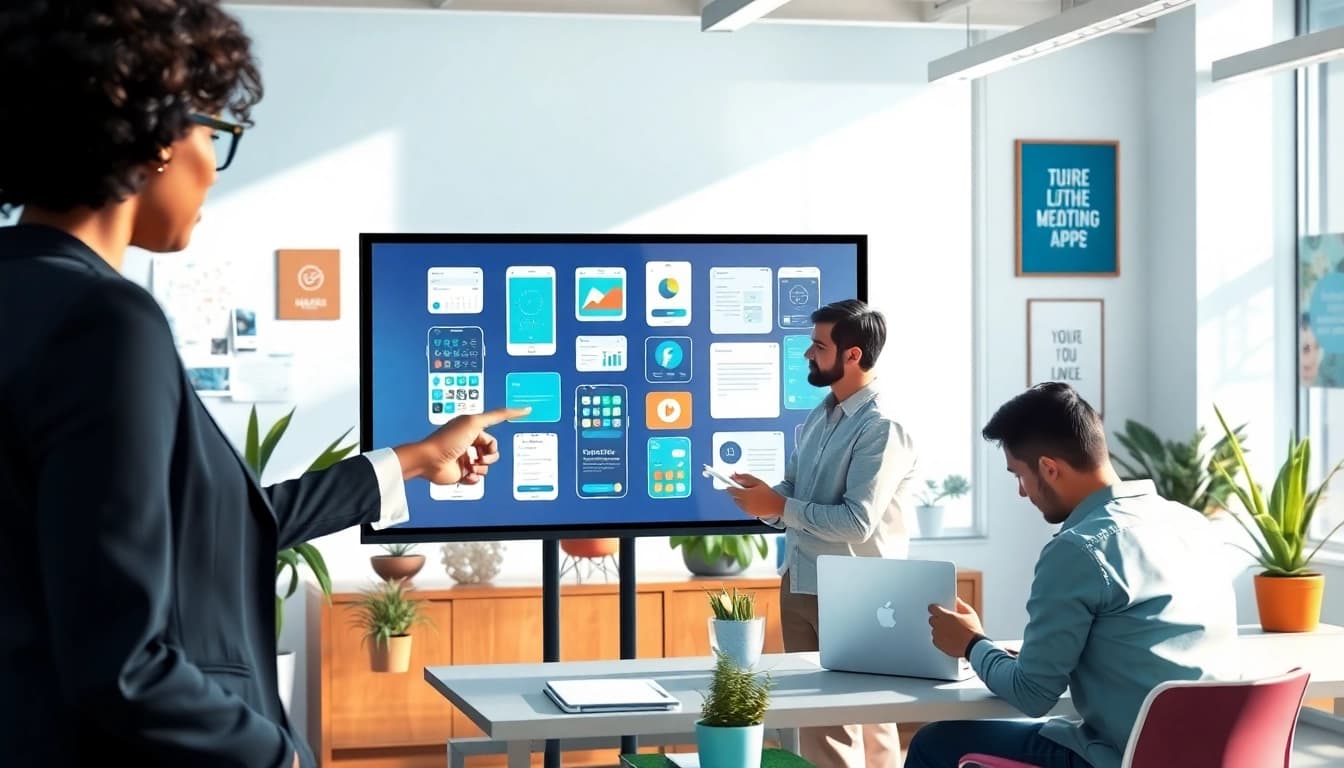 Team collaborating on mobile apps in a modern workspace with vibrant energy.