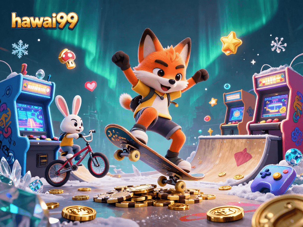 Engage in thrilling gameplay at hawai99 with vibrant casino-themed 3D illustration featuring animated characters.