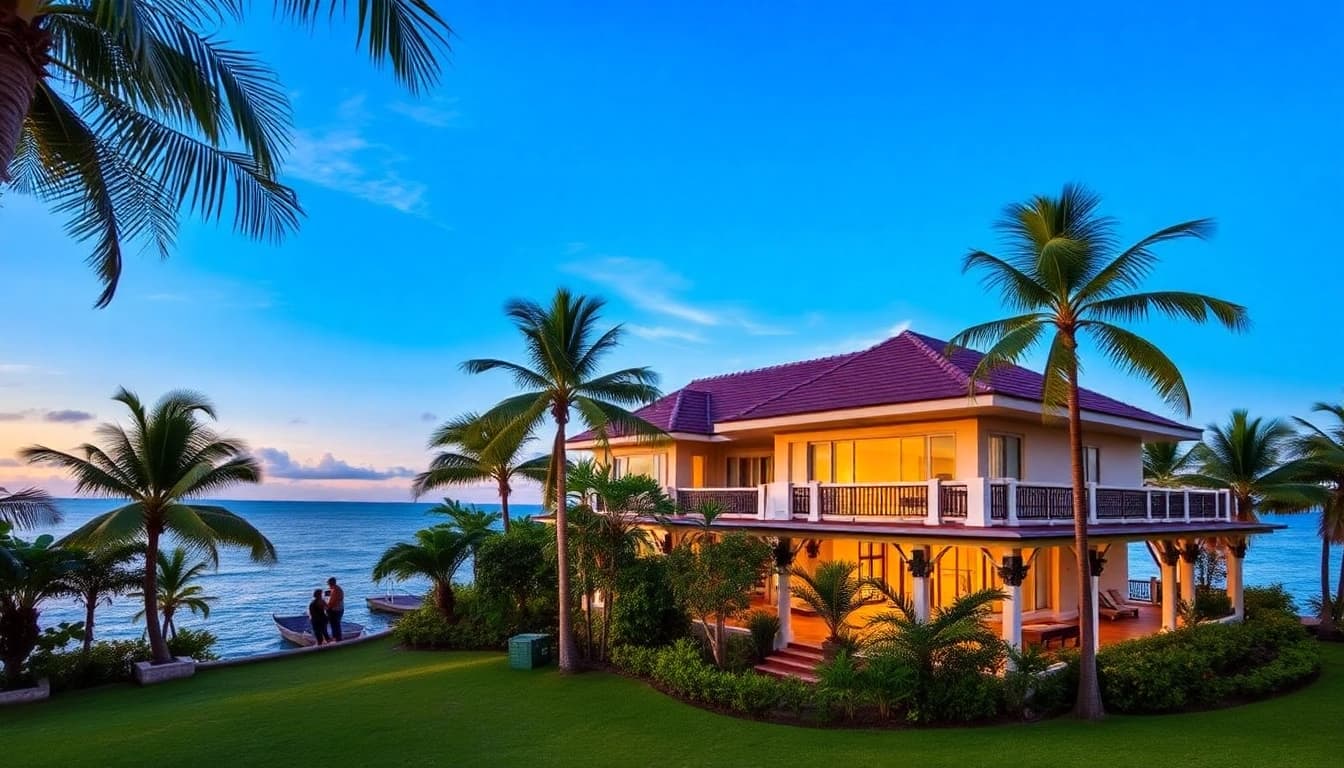 Phuket property management showcasing a beachfront villa with lush gardens and sunset lighting.