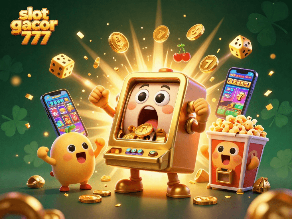 Experience the excitement of slot gacor 777 with a golden slot machine hitting a jackpot and cheering baby slots.