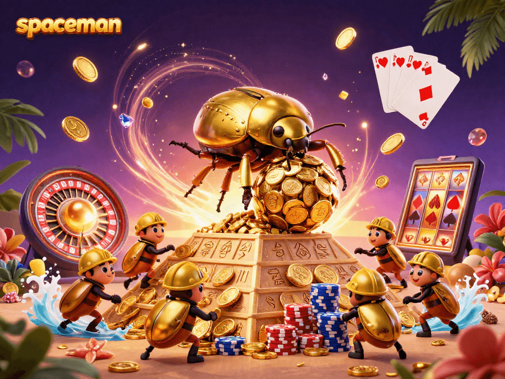 Engage with spaceman-themed casino fun, showcasing golden coins and vibrant gaming action.