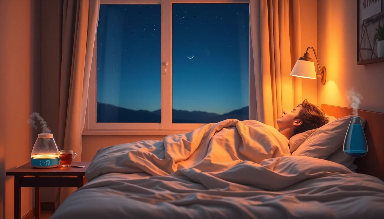 心地よい寝室の情景を特徴とした、風邪を一晩で回復させるための効果的な方法。