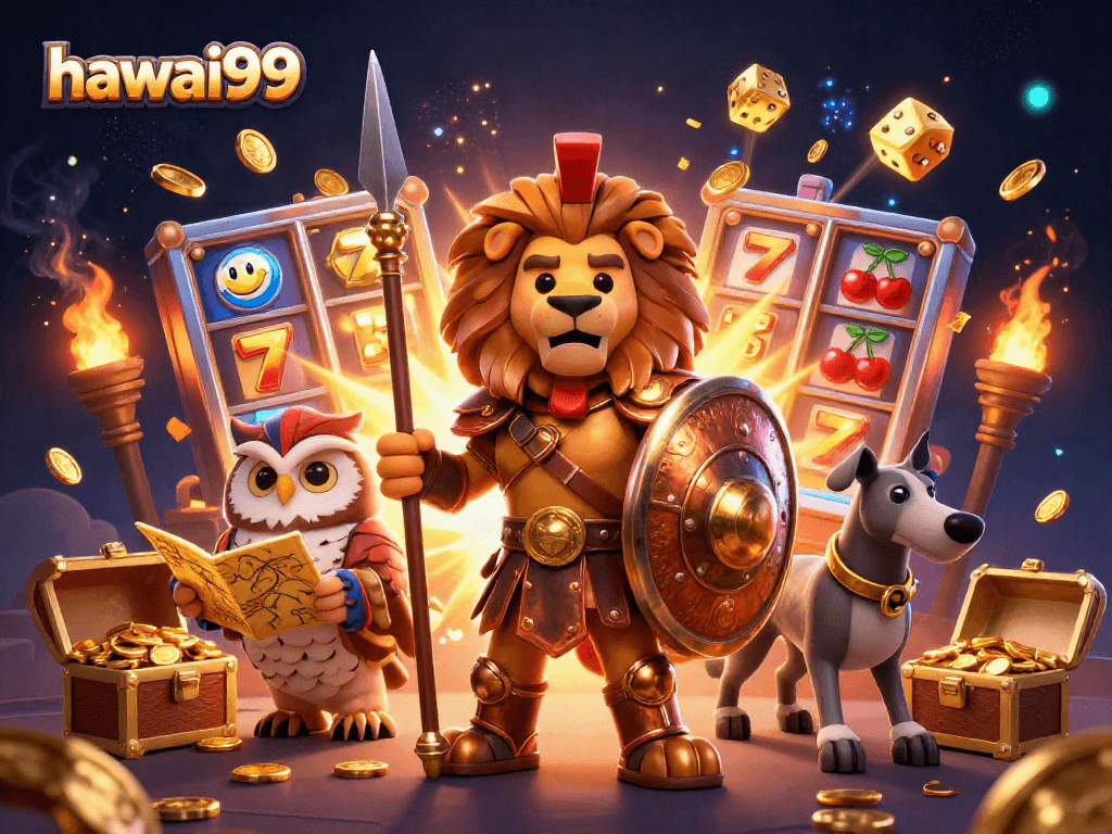 Experience the excitement of hawai99 with a vibrant 3D illustration of a Spartan lion and casino themes.