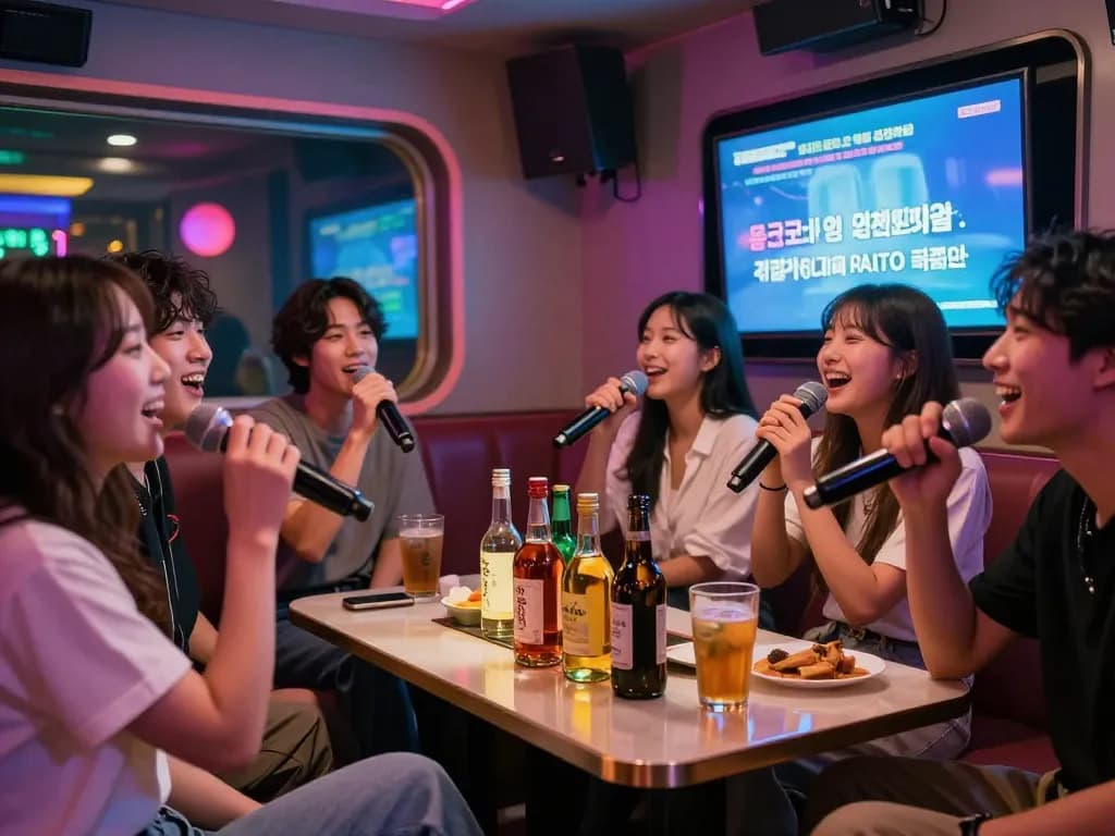제주유흥 karaoke experience with friends enjoying drinks and singing in a lively atmosphere.