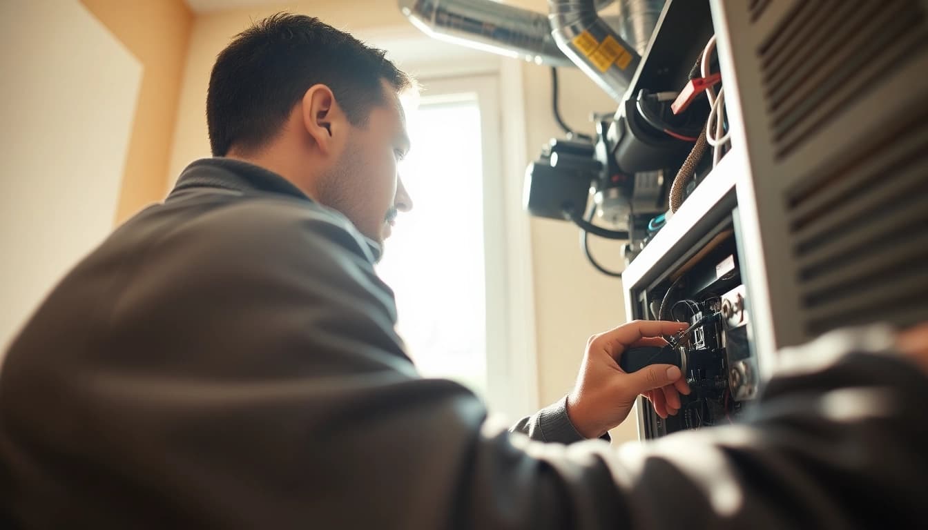 Expert performing HVAC repair Mt Kisco in a bright residential setting.