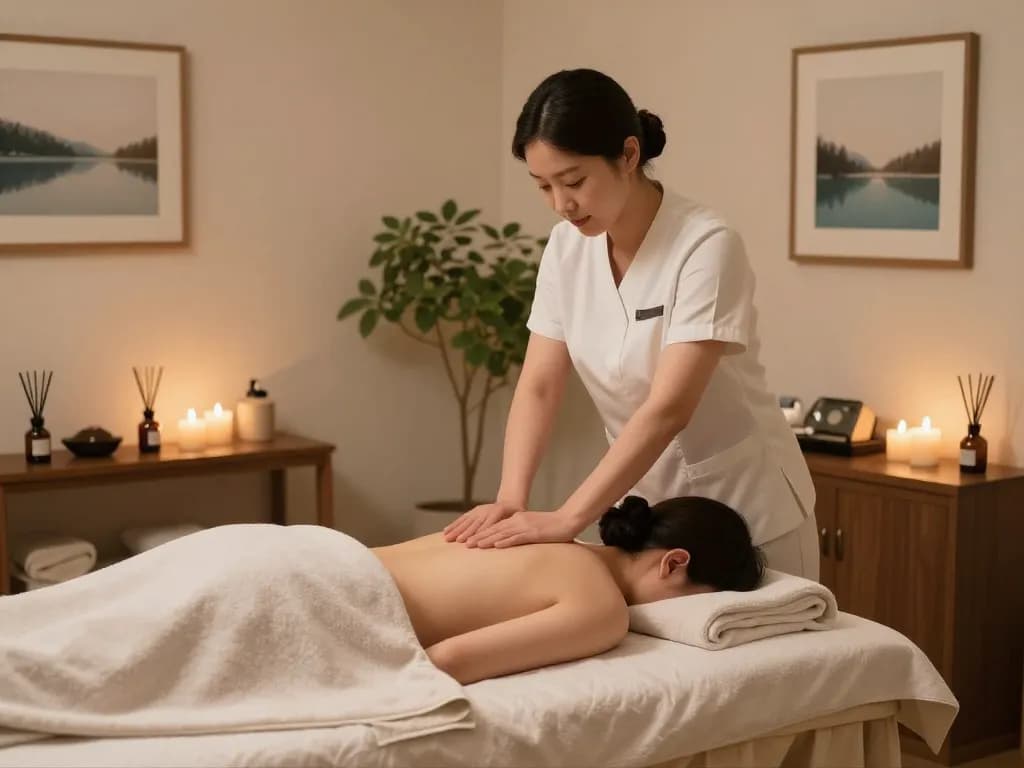 편안한 장식과 차분한 분위기의 논현동마사지 마사지 치료 환경.