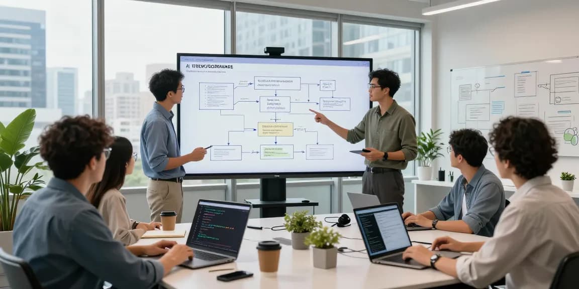 AI Product Engineering services with diverse team collaborating on innovative software solutions in a modern workspace.
