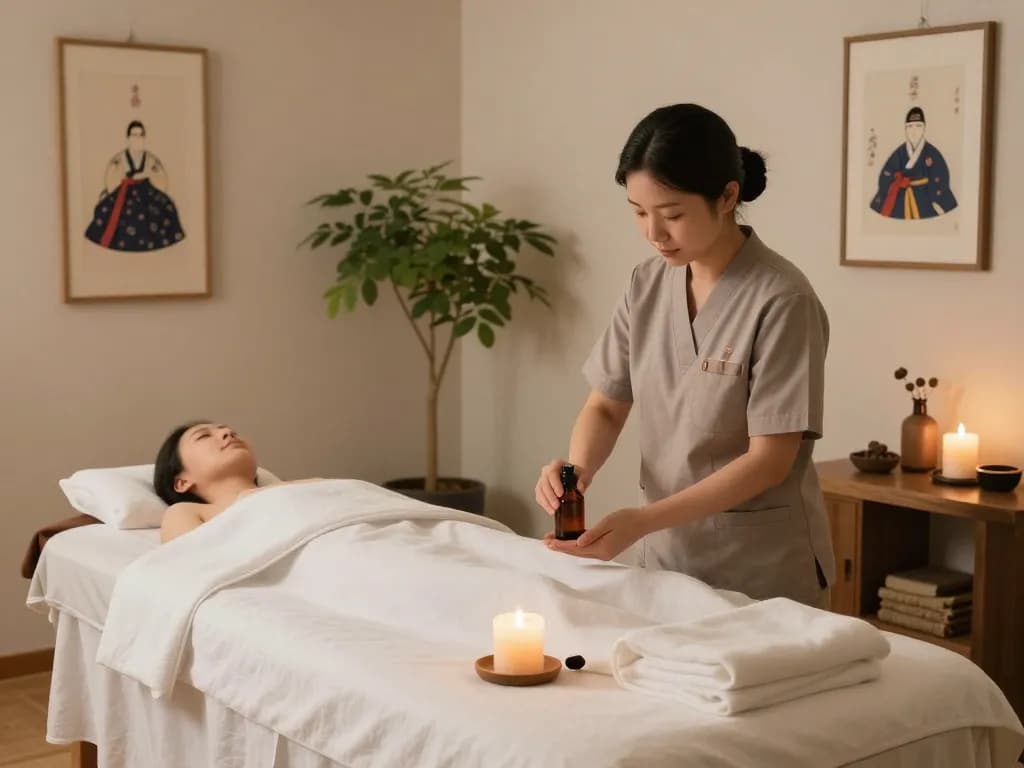 Relaxing 동대문스웨디시 spa environment with massage therapist preparing oils in a serene wellness space.
