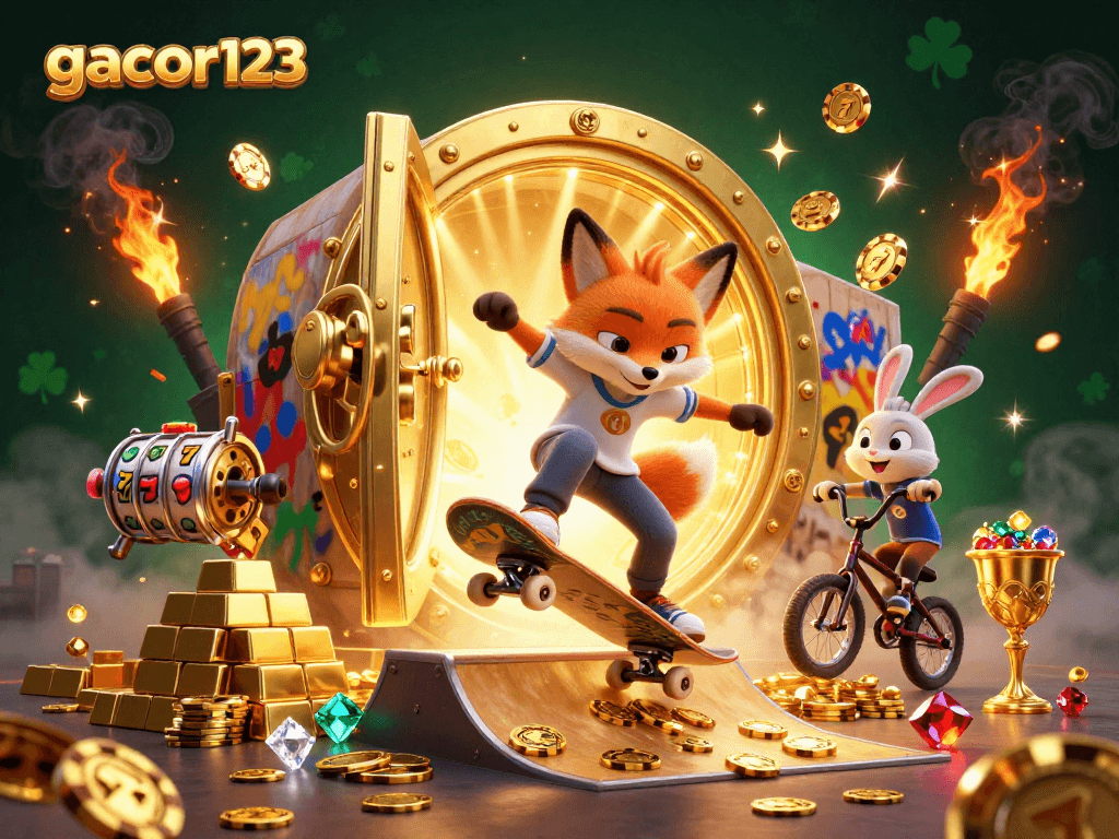 Enjoy a thrilling action scene featuring gacor123 with vibrant casino graphics, slot reels, and a skateboarder fox.