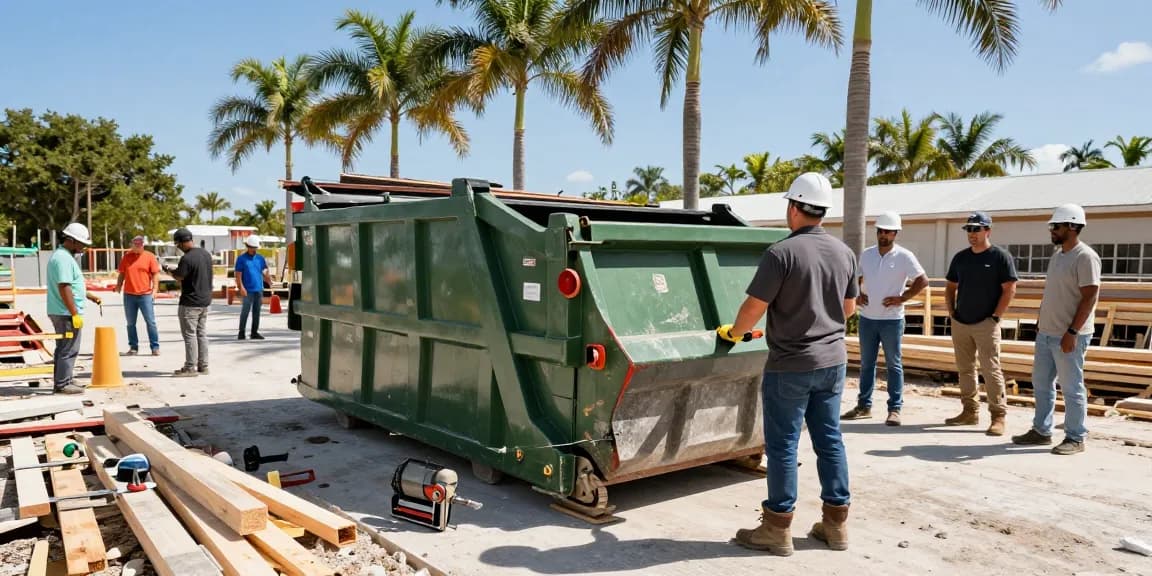 Dumpster Rental In West Palm Beach FL scene showing contractors supervising a roll-off dumpster in a sunny construction site.