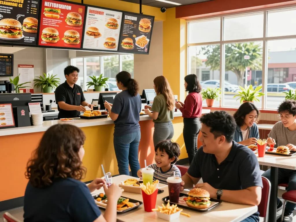 Fast food menu items displayed in a lively restaurant with smiling customers enjoying their meals.