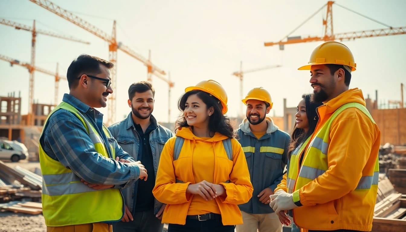 Students participating in construction education, learning hands-on with tools and materials on a vibrant site.