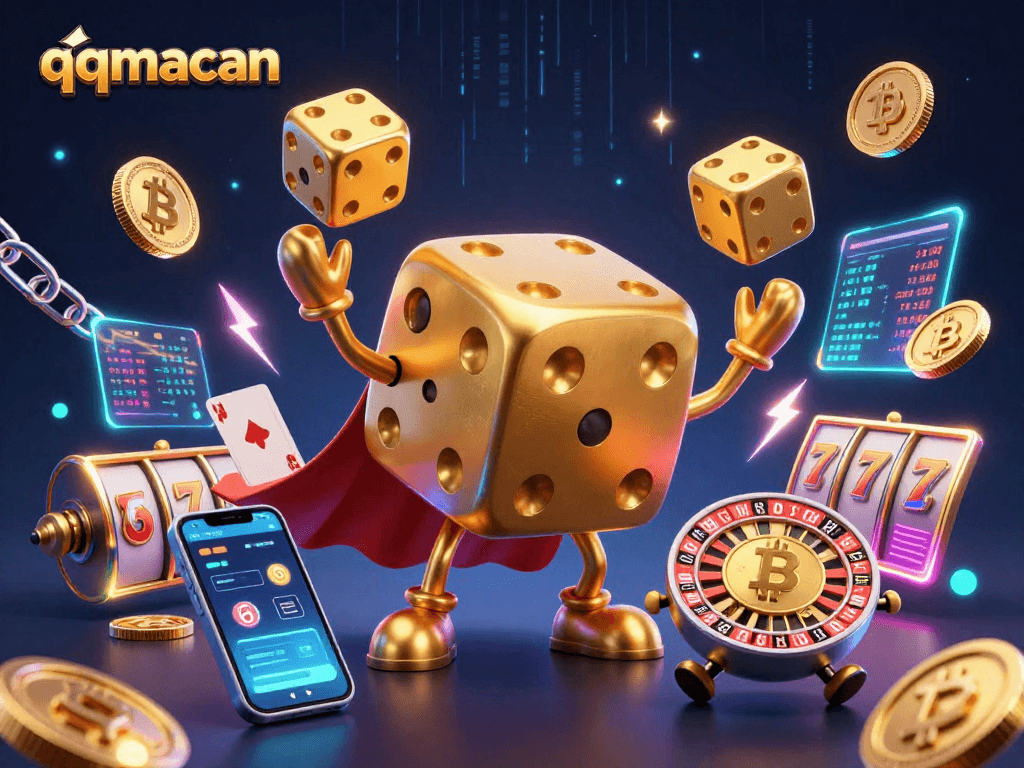 Engage with qqmacan's vibrant casino scene featuring dynamic golden dice and holographic crypto elements.