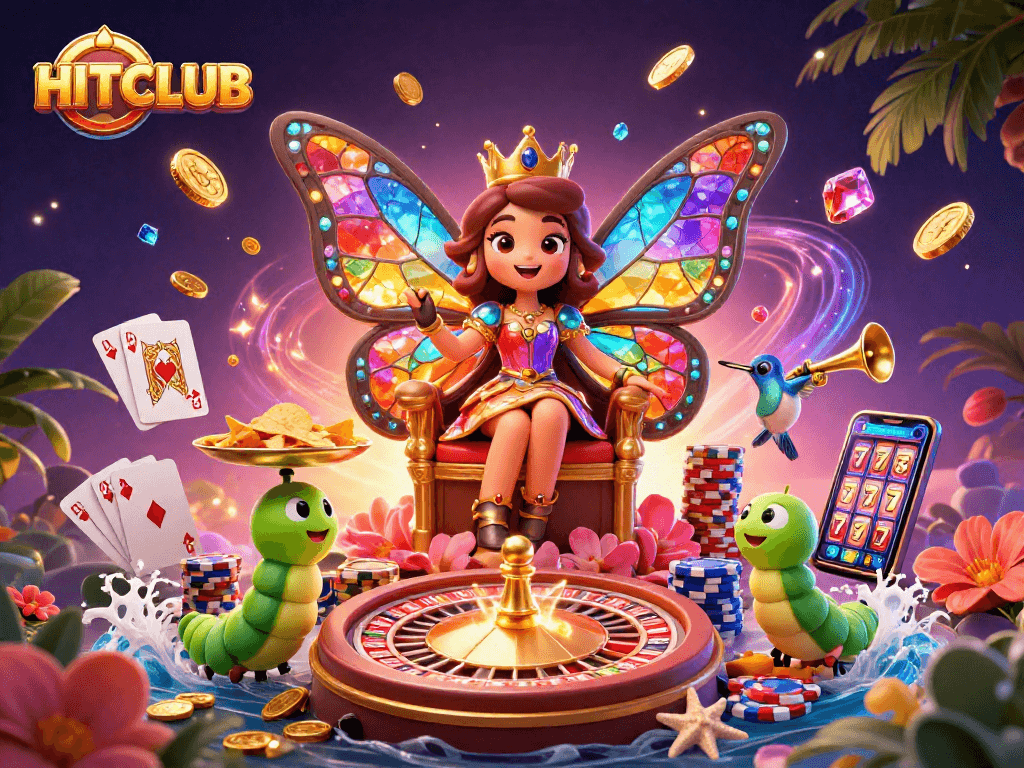 Experience HITCLUB with the colorful butterfly queen, shimmering casino elements, and immersive gaming atmosphere.