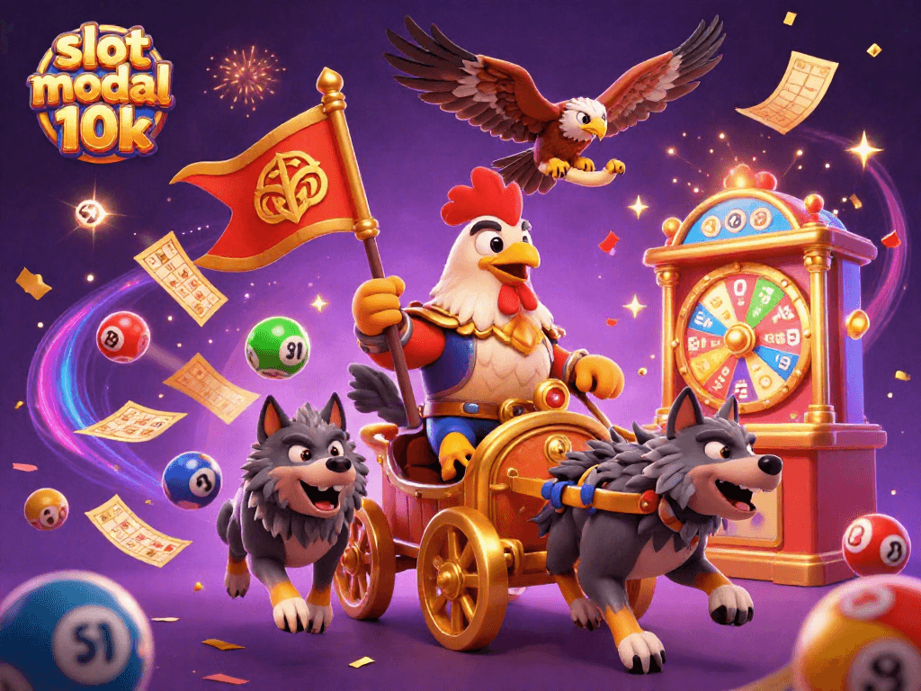 Spin to win with slot modal 10k amidst a vibrant 3D casino celebration of colorful game elements.