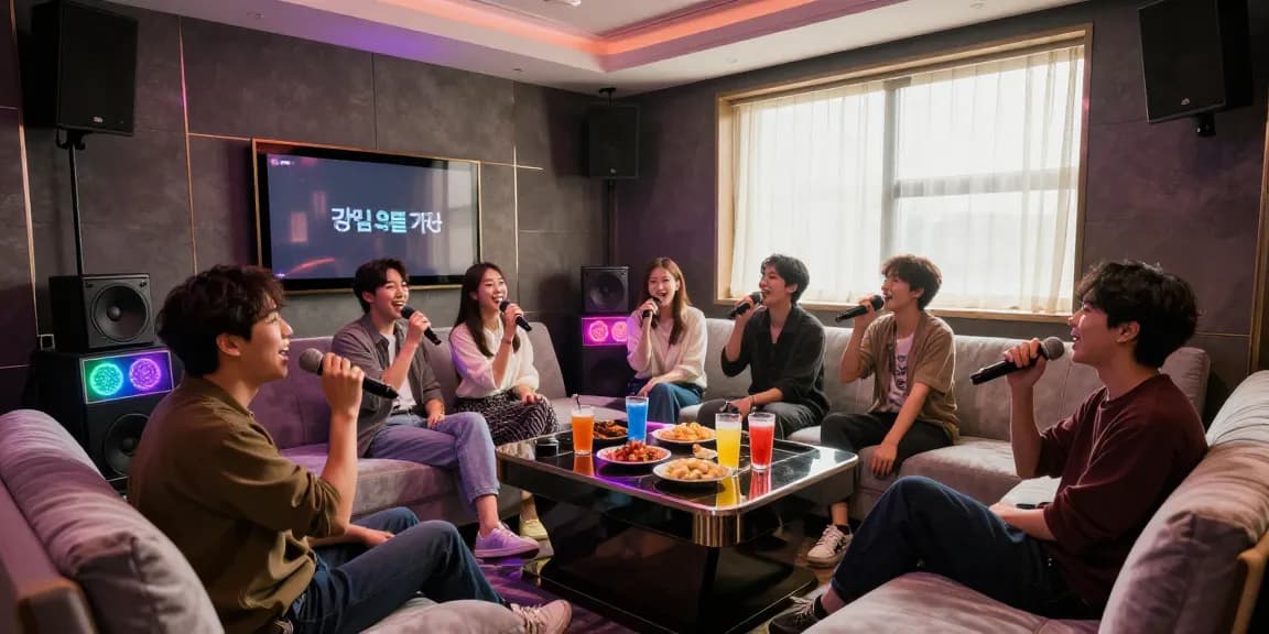 Enjoying vibrant karaoke moments at 강남 엘리트 가라오케 in a stylish private room with ambient lighting and plush seating.