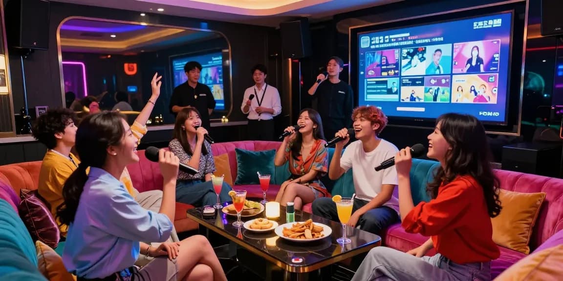 Energetic group enjoying 강남가라오케 in a luxurious lounge with vibrant lights and cocktails.